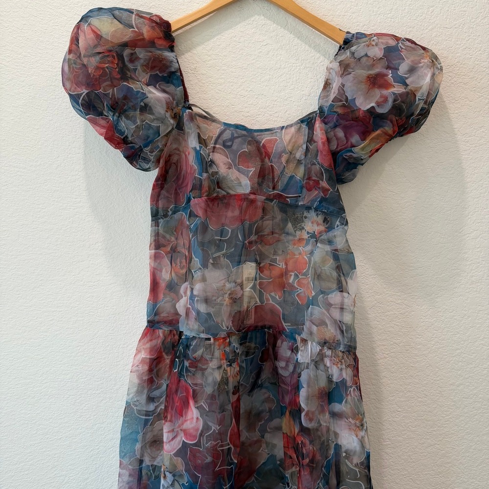 Anthropologie Sheer Floral Puff Sleeve Tiered Dress Blue Motif Medium NWT